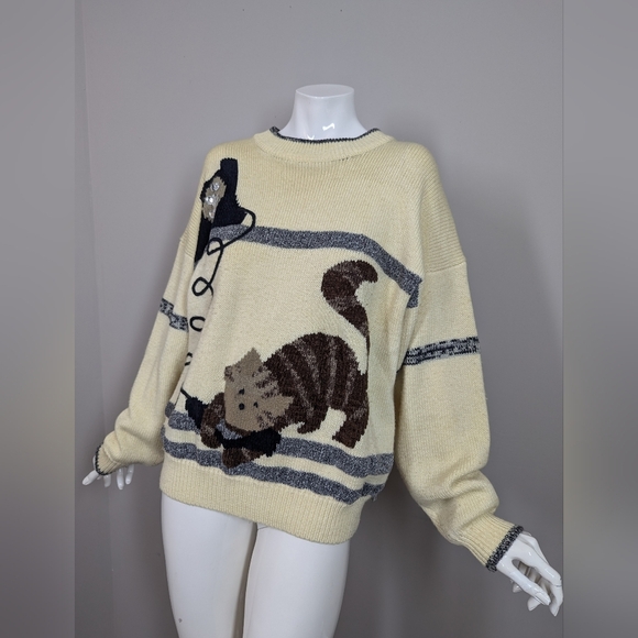 Vintage René Derhy Cat Sweater M Cream Wool Blend Knit 80s 90s France Novelty Ki - Picture 5 of 10